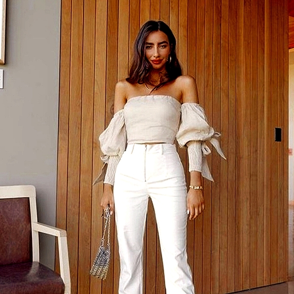 Women's Linen Balloon Sleeve Shirred Bow Off Shoulder - Picture 1 of 3